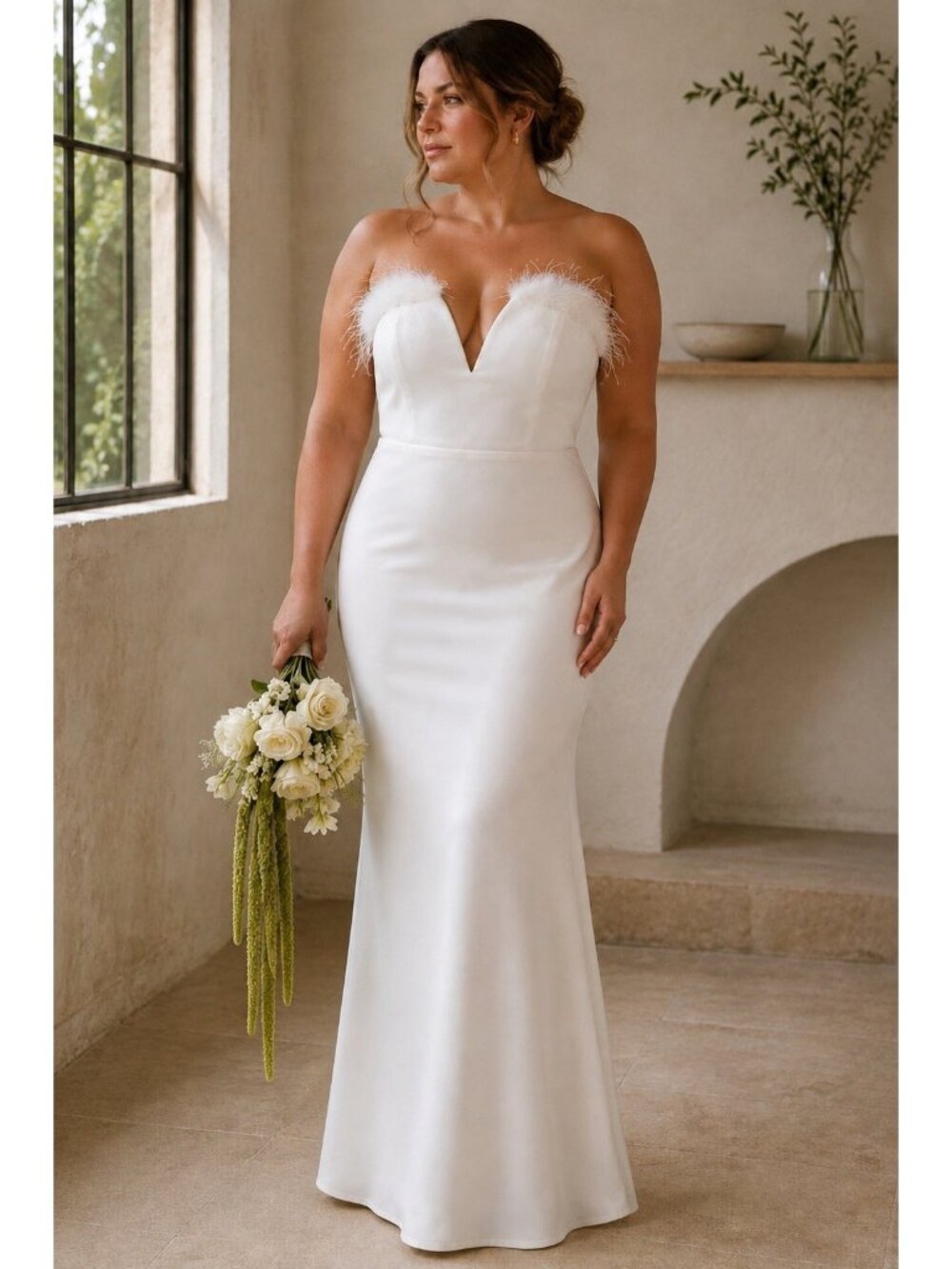 Lulus Extraordinary Glam Maxi Dress Sz L White Feather Strapless Mermaid Wedding